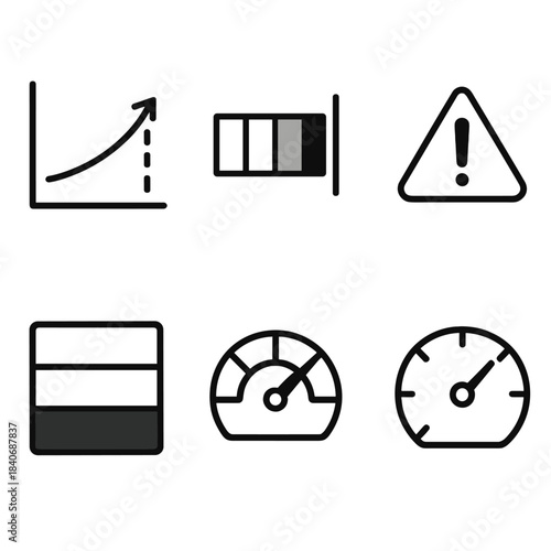 Risk Assessment Icons. Risk Gradient Exploration linear set: rising risk curve, gradient bar icon, threshold marker, hazard arrow, severity band tile, risk gauge.