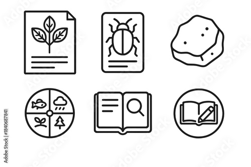 Outdoor Study Tools. Outdoor Learning Set linear set: plant ID sheet, insect card, rock sample, ecosystem wheel, observation log, study symbol.