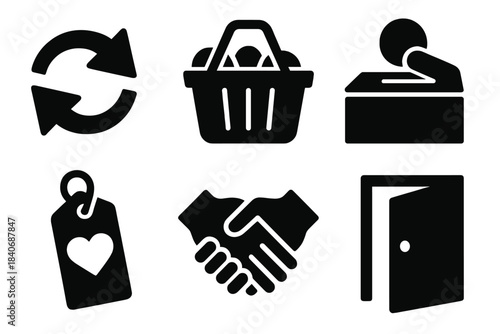 Brutalist Sharing Icons. Sharing Behavior Set silhouette set: item exchange arrows, shared basket, donation box, goodwill tag, cooperative hands, open-door symbol.