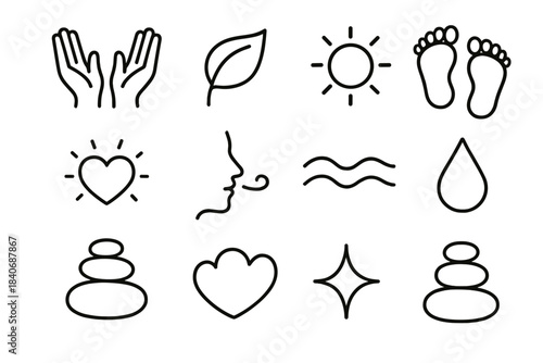 Serenity Icon Set. Calm Acceptance linear set: open hands, soft leaf, gentle glow, flowing lines, peaceful circle, steady steps, warm heart, calm breath icon, soothing wave,