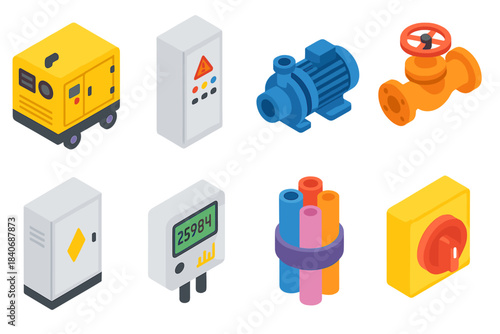 Utility System Icons. Utility System Components isometric flat set: generator unit, switchgear panel, water pump, pipeline check valve, telecom box, energy monitor, conduit bundle,