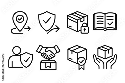 Ethical Supply Icons. Integrity-Focused Supply Routes linear set: verified origin pin, transparent route arrow, ethical sourcing badge, secure transit crate, audit-ready ledger,