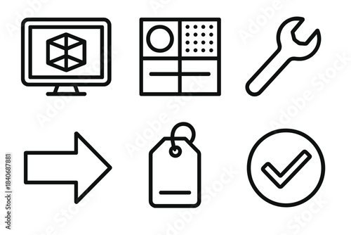 Design Workflow Icons. Design & Build Workflow linear set: model view frame, materials chart, adjustment wrench, planning arrow, prototype tag, quality checkmark.