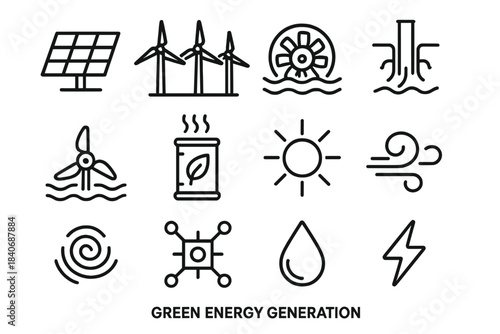 Sustainable Energy Icons. Green Energy Generation linear set: solar modules, wind farm row, micro-hydro turbine, geothermal heat tap, tidal arm generator, biomass chamber, sunlight