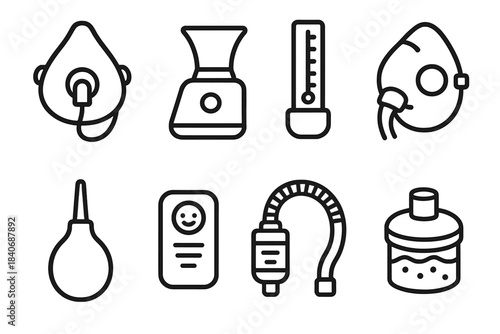 Breathing Aid Icons. Respiratory wellness equipment linear set: inhalation mask, steam inhaler, peak flow meter, oxygen mask, airway cleaner bulb, breath coach device, filter tube,