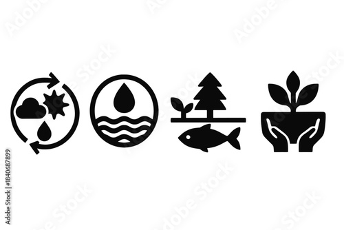Brutalist Nature Icons. Nature Balance Frameworks silhouette set: climate-feedback loop, soil-moisture bead, ecosystem-interconnect strip.