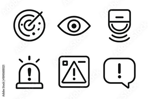 Security Alert Icons. Alert Monitoring linear set: radar sweep, eye icon, motion sensor, status light, alert panel, notification bubble.