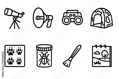 Wildlife Observation Icons. Wildlife Observation Set linear set: spotting scope, listening parabolic, night-vision viewer, hide screen, paw print guide, insect jar, feather brush,