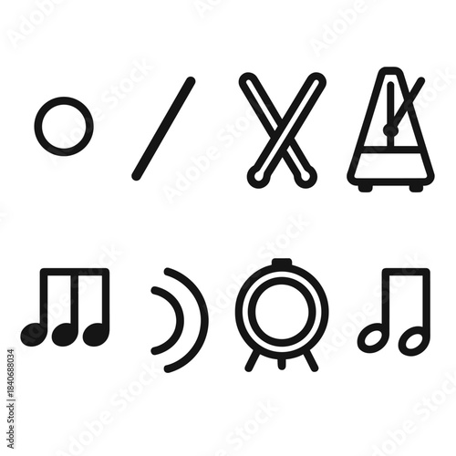 Musical Icon Patterns. Beat & Pattern Elements linear set: steady beat dot, off-beat slash, drumstick pair, metronome tick, rhythmic cluster, percussive echo line, bass drum ring,