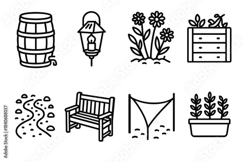 Sustainable Backyard Icons. Eco-Conscious Backyard Living linear set: rainwater barrel, solar lantern, native plant bed, compost bin, gravel path, wooden bench, shade sail, herb