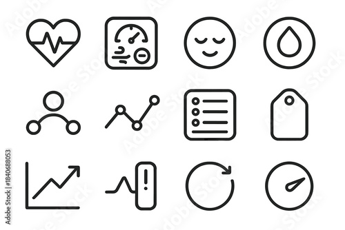Wellness Monitoring Icons. Wellness Monitoring Solutions linear set: heart-rate bar, respiration gauge tile, sleep tracker node, mood log dot, hydration meter ring, activity flow