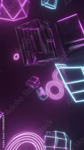 Neon geometric cubes and rings in a glowing abstract motion scene