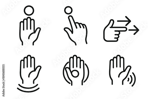 Gesture Control Icons. Gesture-Based Control Set linear set: palm hover, air tap symbol, slide gesture, proximity sensor, interaction ring, signal wave.