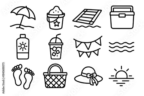 Summer Festive Icons. Independence Day Warm-Weather Moments linear set: beach umbrella, sand bucket, lakeside towel, cooler box, sunscreen bottle, iced drink cup, festive bunting,
