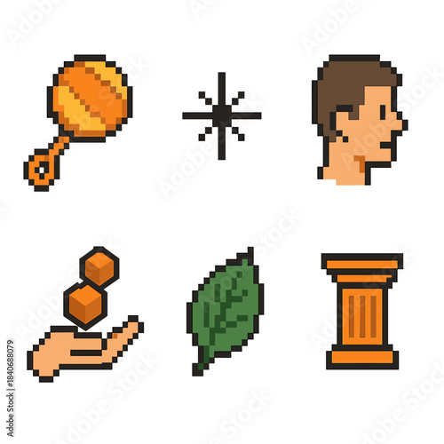 Human Development Icons. Human development set pixel style set: baby rattle, youth spark, adult profile, responsibility icon, wisdom leaf, legacy symbol.