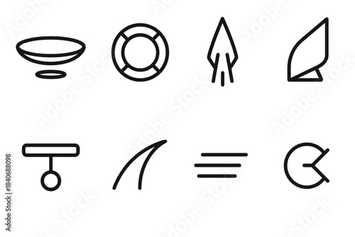 Future Mobility Icons. Future Mobility Symbols linear set: hovering disc, modular wheel, thrust plume, adaptive fin, balance stabilizer, streamline curve, velocity bar, motion node