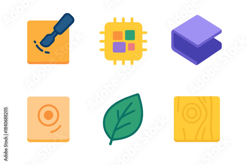 Minimalist Design Icons. Handmade Design Elements isometric flat set: tool-mark line, raw material chip, folded fiber, embossed detail, natural finish, subtle knot.