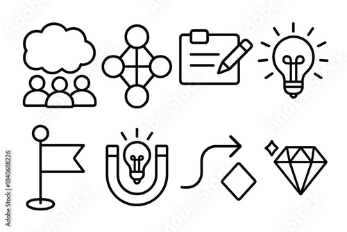 Creative Collaboration Icons. Collaborative Ideation Pack linear set: group thought bubble, co-creation nodes, shared note card, brainstorming burst, topic flag, idea magnet, flow