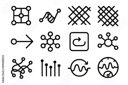Cognitive Mesh Icons. Cognitive Mesh Frameworks linear set: shared node tile, distributed reasoning line, concept-thread patch, memory weave bar, inference link arrow, idea cluster