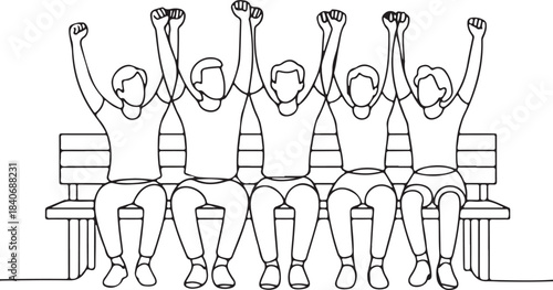 Continuous line art illustration of a small group cheering from the bench in minimal contour drawing