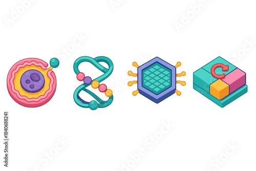 Colorful Biological Models. Biological Restoration Models flat isometric set: membrane-repair node, replication-loop bead, metabolic-reset panel.