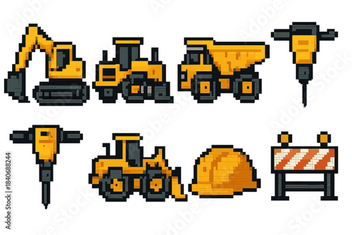 Construction Icons Set. Mining and construction set set of icons in flat pixel vector style: excavator, bulldozer, dump truck, jackhammer, rock drill, wheel loader, safety helmet,