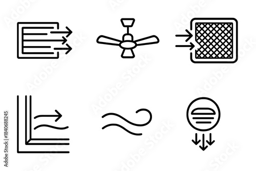 Air Flow Icons. Home Air Movement linear set: wall vent, ceiling fan shape, directional arrows, mesh filter, window gap line, quiet draft curve, duct outlet, soft swirl.