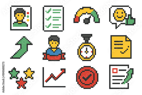 Evaluation Icons Set. Exercise Evaluation Set set of icons in flat pixel vector style: assessment card, criteria checklist, gauge bar, feedback icon, enhancement arrow, reviewer