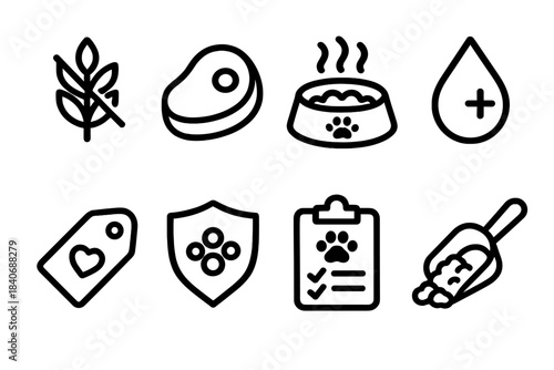 Pet Diet Icons. Specialized Pet Diet Symbols linear set: grain-free label, protein icon, sensitive-stomach bowl, supplement drop, low-calorie tag, hypoallergenic badge, tailored