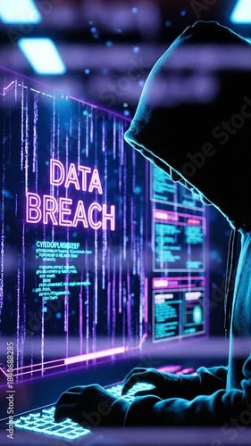 Hacker triggering digital data breach in neon cyber interface