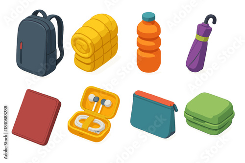 Stylish Travel Essentials. Streamlined travel essentials flat isometric set: slim daypack, roll-up jacket, collapsible bottle, micro umbrella, passport sleeve, cable organizer,
