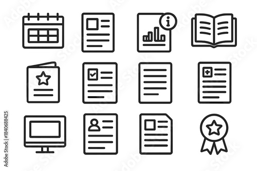 Educational Material Icons. Learning Material Icons linear set: course agenda, topic worksheet, info chart, reading packet, practice booklet, task sheet, notes page, study guide,