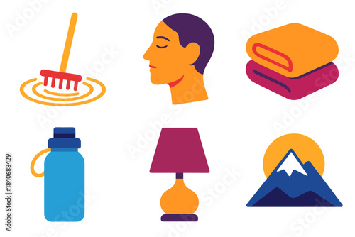Wellness Icon Set. Wellness Exploration flat set: zen garden rake, mindful gaze, warm blanket fold, hydration bottle, quiet room lamp, mountain silhouette.