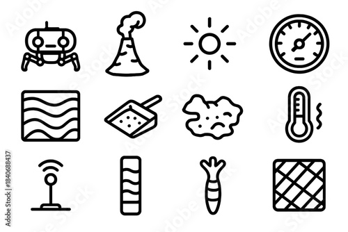 Deep-Sea Exploration Icons. Deep-Sea Realm Systems linear set: hadal crawler unit, vent chimney tile, low-light glow cue, pressure envelope dial, sonar mapping strip, sediment tray
