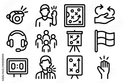 Athlete Coordination Icons. Athlete Coordination Concepts linear set: signal whistle, coach call, tactic map, gesture arrows, headset coms, team circle, play chart, referee flag,