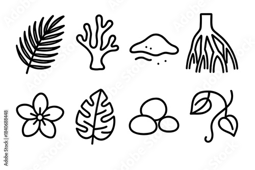 Tropical Habitat Icons. Tropical Habitats linear set: palm frond, coral piece, sandy shore, mangrove root, tropical flower, rainforest leaf, tidepool stones, canopy vine.