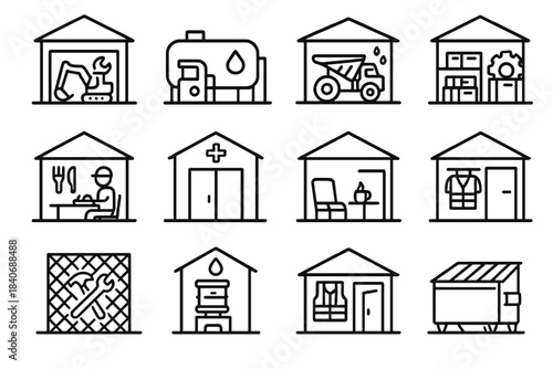 Support Facilities Icons. Mining and Construction Support Facilities linear set: maintenance workshop, fuel depot, equipment wash bay, parts storage, worker canteen, first aid