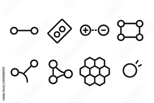 Molecular Geometry Icons. Bond geometry frameworks linear set: bond vector line, electron pair tile, ionic bridge icon, molecular lattice bar, orbital arc, angle gauge node,