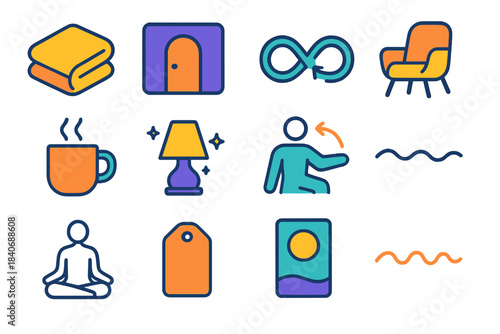 Minimalist Relaxation Toolkit Icons. Relaxation Toolkit flat set: soft blanket, quiet space tile, mindful breath loop, comfort chair, warm drink icon, ambient glow lamp, gentle
