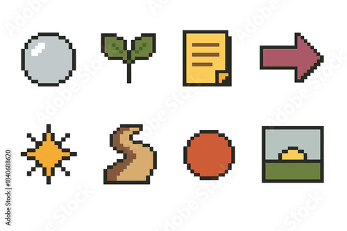 Personal Vision Icons. Personal Vision Development pixel style set: reflective bubble, growth leaf, intention note, purpose arrow, insight spark, guided path, aspiration dot,