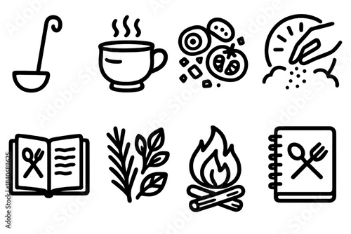 Cozy Kitchen Icons. Culinary Warmth Set linear set: soup ladle, rustic cup, chopped veggies, seasoning pinch, warm backsplash light, recipe notebook, aromatic herbs, cozy flame. [.