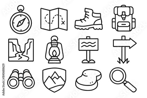 Adventure Icons Collection. Exploration Adventure Set linear set: trail compass, journey map tile, hiking boot, travel pack, canyon ridge icon, camp lantern, river ford marker,