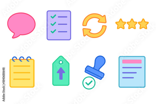 Modern Feedback Icons. Feedback & Review Process isometric flat set: comment bubble, checklist form, revision arrows, rating stars, note pad, improvement tag, approval stamp,