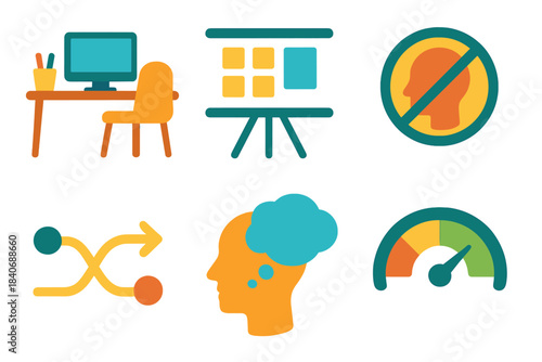 Minimalist Workspace Icons. Flow-Ready Workspaces flat set: tidy desk layout, clarity board, quiet zone icon, workflow path arrow, focus bubble, efficiency meter.