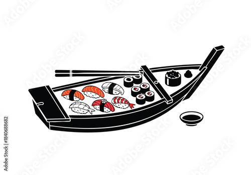 Sushi Boat Illustration with Assorted Rolls and Sashimi