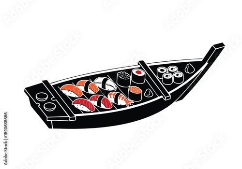 Sushi Boat Illustration with Assorted Rolls and Sashimi