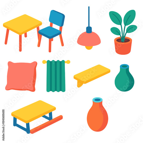 Modern Home Décor Icons. Home décor elements isometric flat set: dining table, dining chair, pendant light, indoor plant pot, throw pillow, curtain panel, wall shelf, decorative