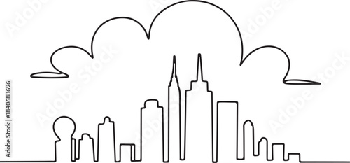 Continuous Line Skyline with Cloud Curves Integrated Minimal Artistic Illustration