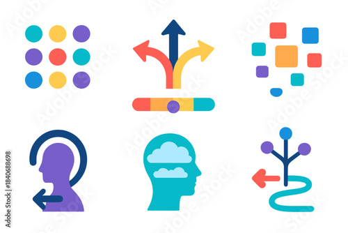 Minimalistic Choice Icons. Overchoice Environment Set flat set: option cluster grid, branching menu arrow, high-load decision bar, alternative scatter tile, overwhelm loop ring,