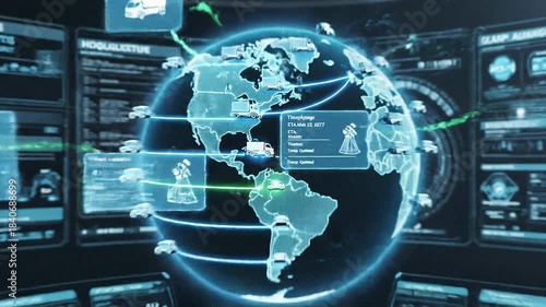 Global logistics routes on a holographic world map with data lines